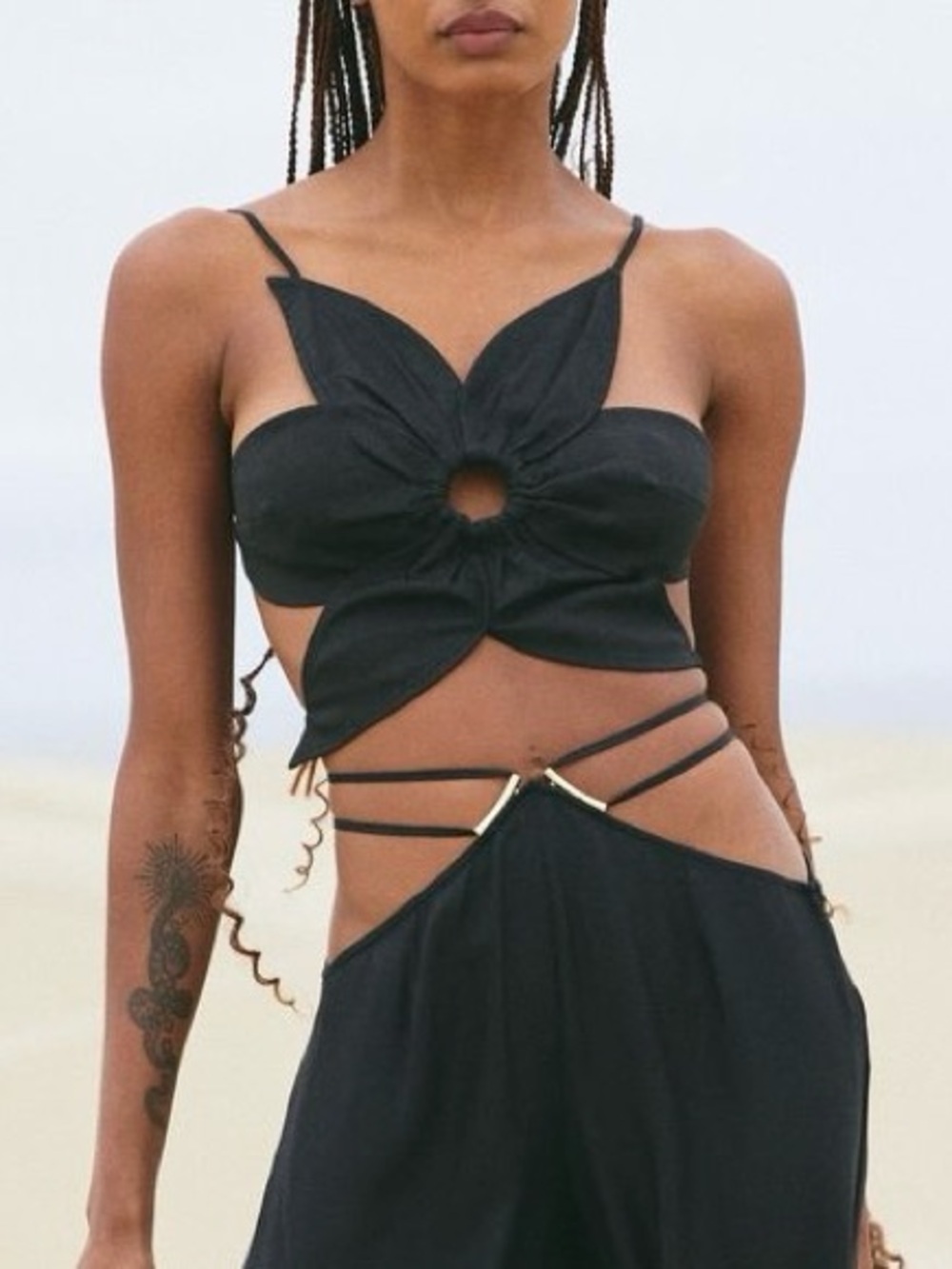 cult gaia Black Rachel Top Floral Cutout Wrap Crop Top
